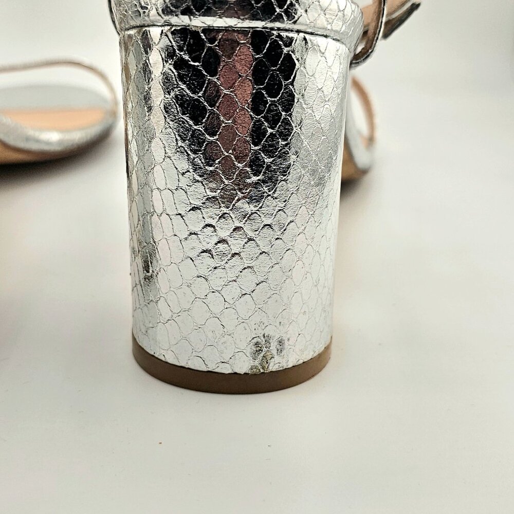 Stuart Weitzman Metallic Snakeskin Block Heel Sandal Size 9.5 Silver Ankle Wrap - Picture 8 of 11